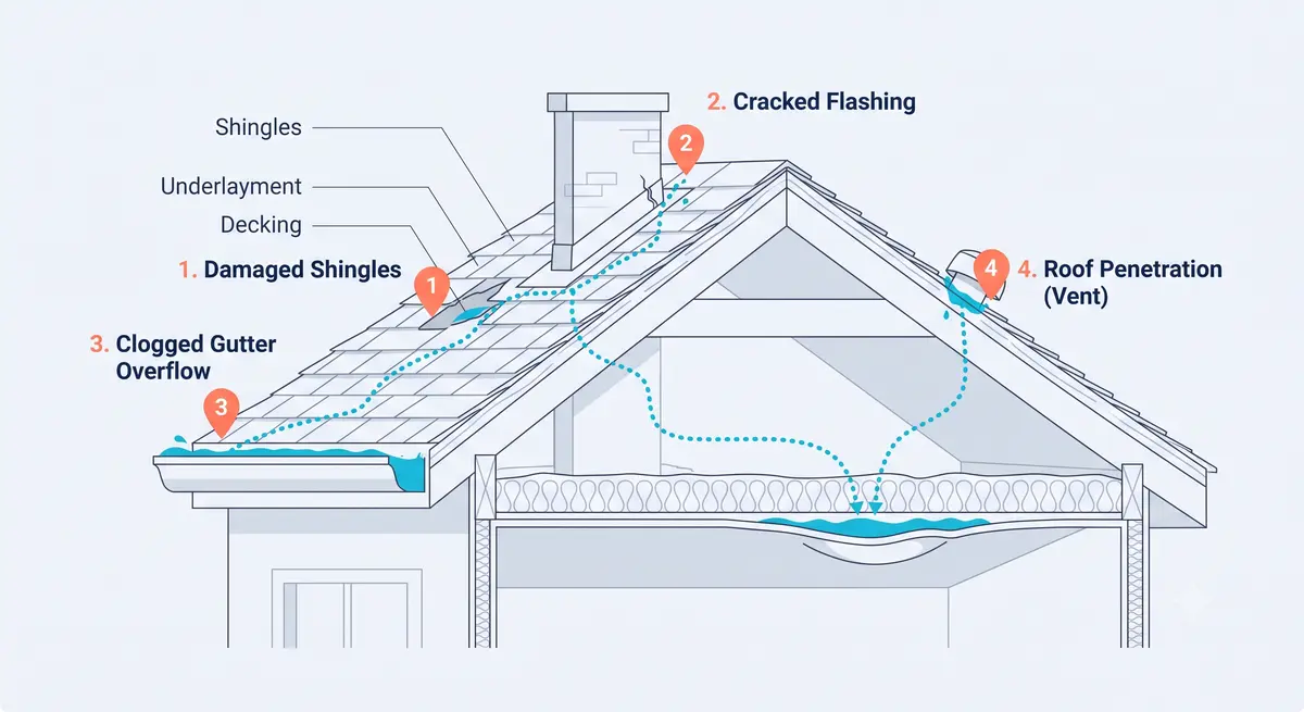 Cross-section diagram of a roof and attic showing how water travels through damaged shingles, cracked flashing, clogged gutters, and roof vents to cause interior leaks.
