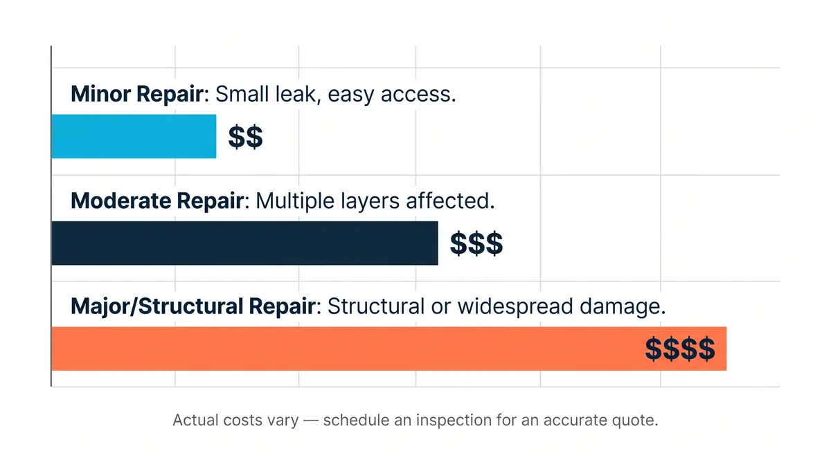Bar chart comparing relative roof leak repair costs across minor, moderate, and major/structural severity levels, from lowest to highest cost.