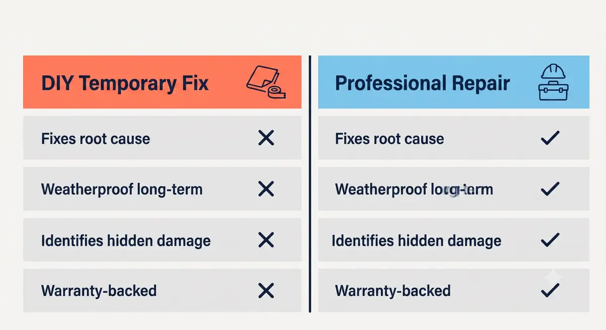 Comparison infographic contrasting DIY temporary roof leak fixes with professional roof repair across root-cause resolution, weatherproofing, hidden damage detection, and warranty coverage.