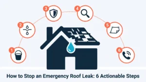 Infographic showing six actionable steps to stop an emergency roof leak: contain water, relieve pressure, protect belongings, identify the source, apply a temporary fix, and call a professional.
