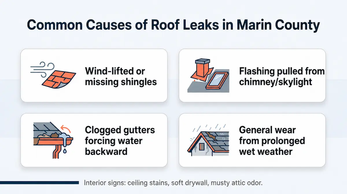 Infographic of four common causes of roof leaks in Marin County: wind-lifted shingles, damaged flashing, clogged gutters, and weather wear.