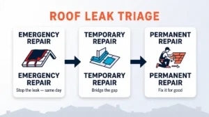 Three-stage roof repair process diagram showing emergency repair, temporary repair, and permanent repair for Marin County roof leaks.