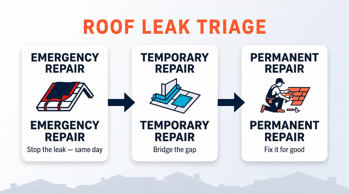 Three-stage roof repair process diagram showing emergency repair, temporary repair, and permanent repair for Marin County roof leaks.