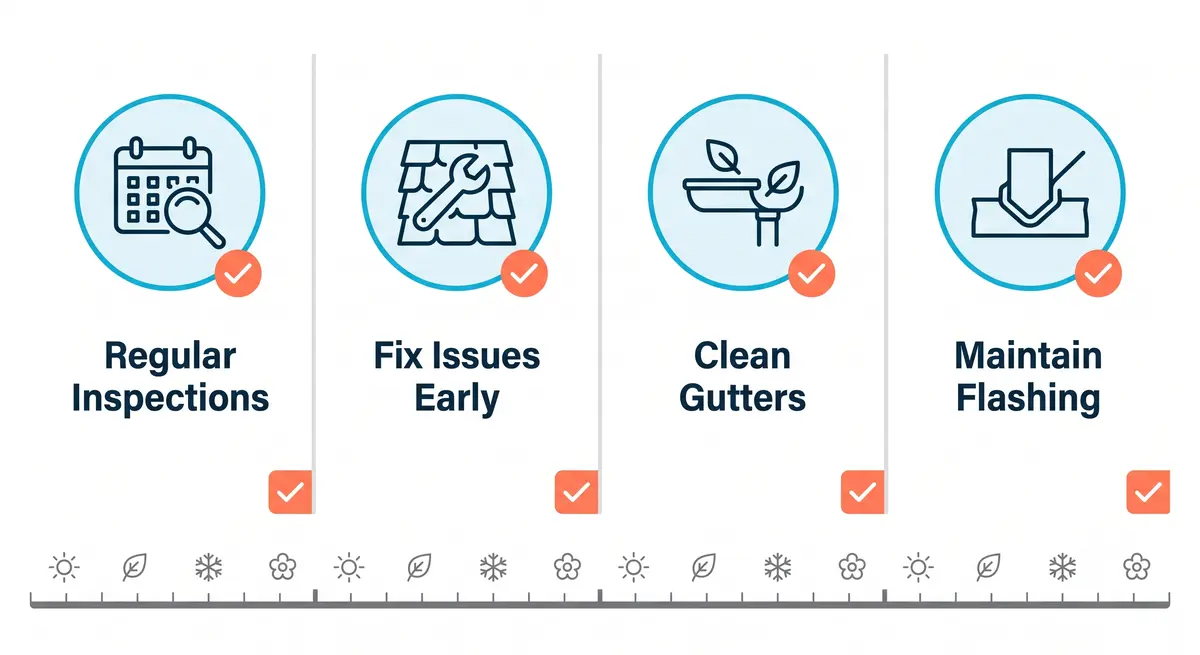 Icon infographic showing four year-round roof maintenance tasks to prevent leaks: regular inspections, fixing small issues early, cleaning gutters, and maintaining flashing.