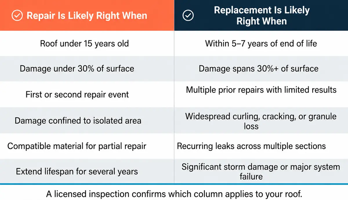 Two-column decision checklist comparing six conditions that favor roof repair on the left versus six conditions that indicate full roof replacement is necessary on the right, with a note that a licensed inspection confirms which applies.