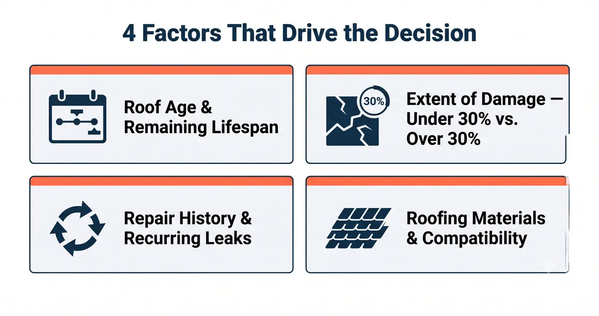 Four-quadrant infographic showing the key factors that determine whether to repair or replace a roof: roof age and remaining lifespan, extent of damage, repair history and recurring leaks, and roofing materials and compatibility.