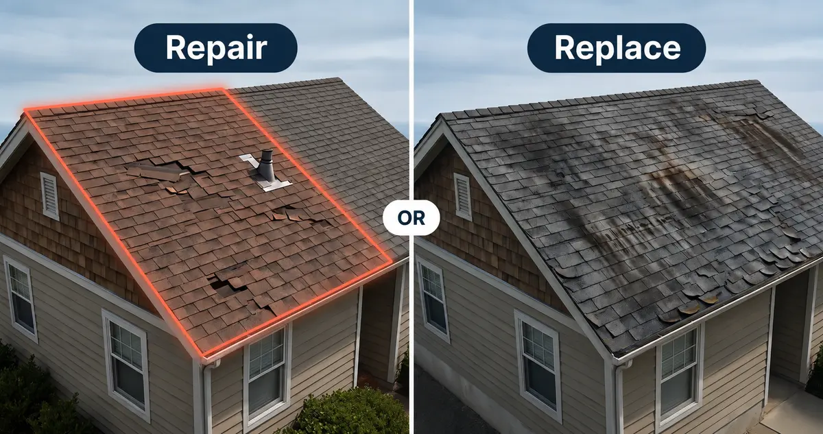Split-screen comparison of two residential roofs showing isolated shingle damage suitable for repair on the left versus widespread deterioration requiring full roof replacement on the right.