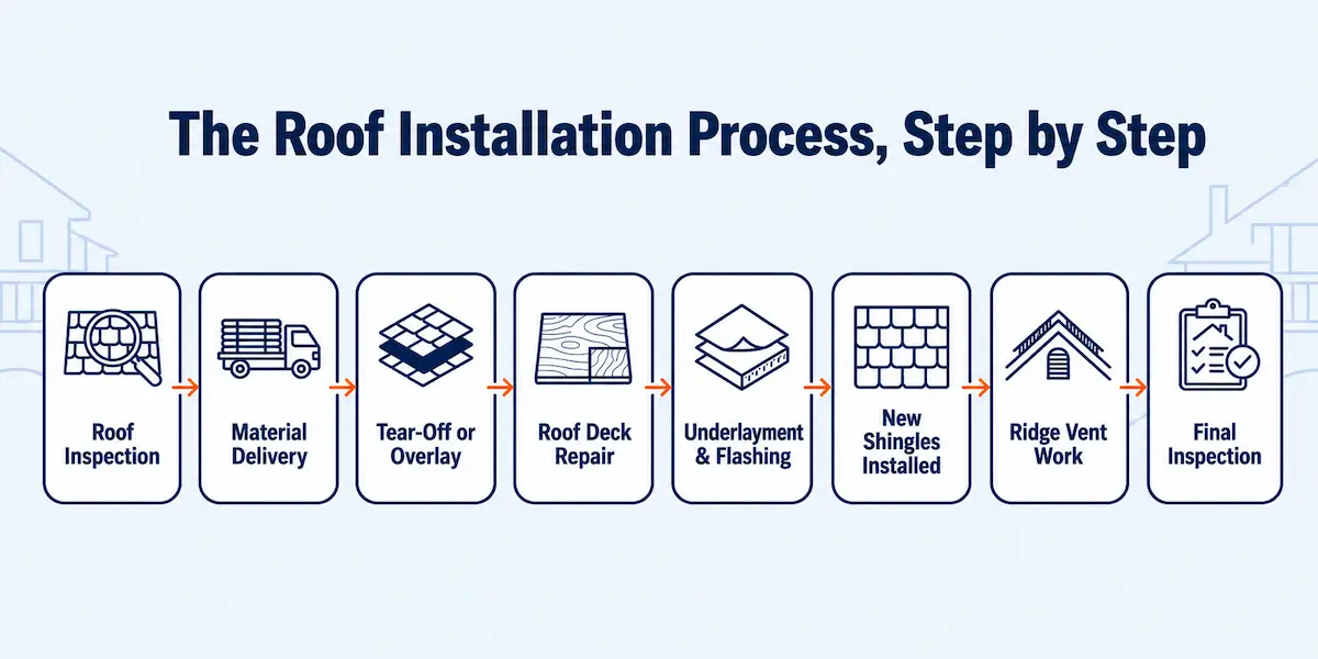 Flowchart showing the eight steps of the roof installation process, from inspection to final walk-through.