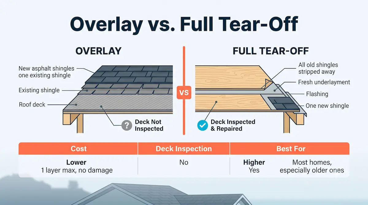 Hero infographic comparing overlay versus full tear-off roof replacement, showing shingle layers, deck inspection status, and cost differences.