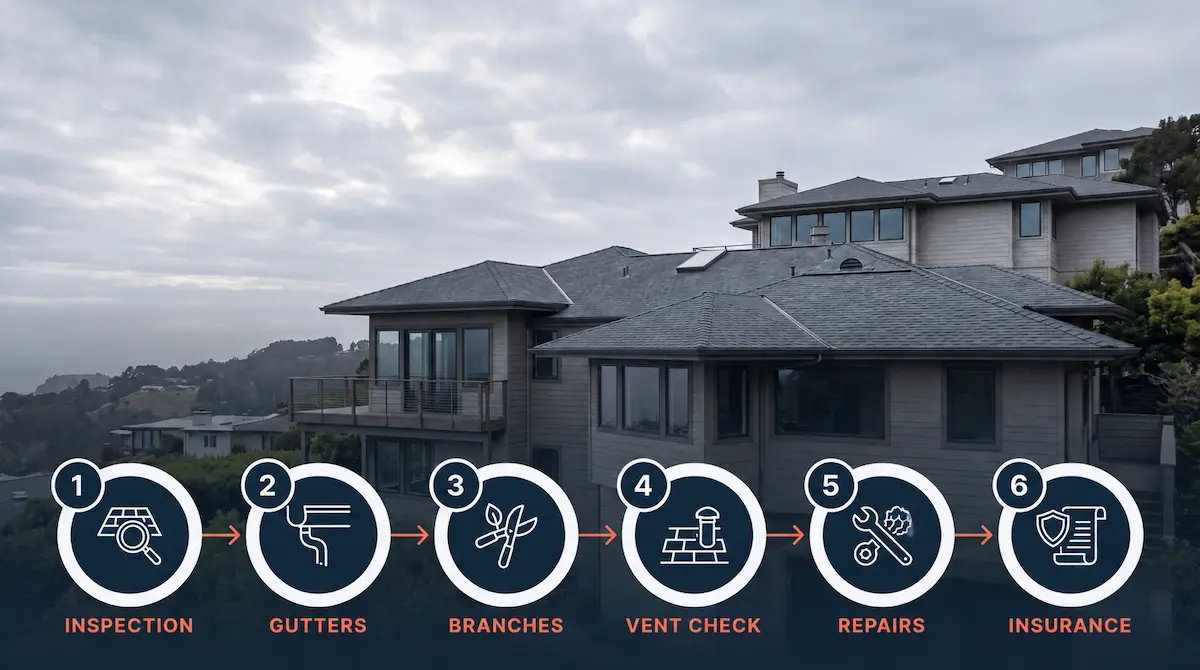 Marin County roof storm-prep checklist: 6-step infographic covering inspection, gutters, branches, vent check, repairs, and insurance