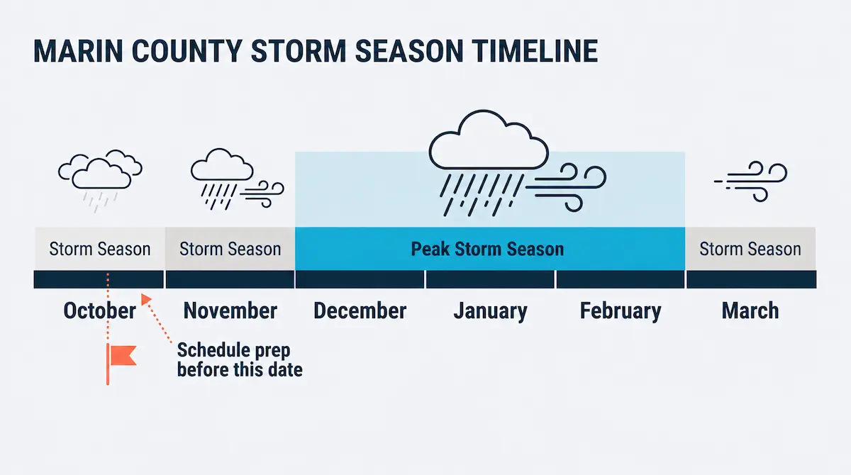 Timeline chart of Marin County's storm season from October to March, highlighting the mid-October prep deadline and peak storm months December through February