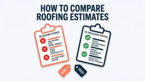 Comparison infographic showing a discount roofing estimate with vague materials and no license mention next to a professional proposal with detailed materials, warranty, and CSLB verification.