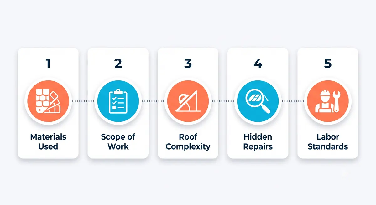 Icon infographic listing five factors that affect roofing estimate pricing: materials used, scope of work, roof complexity, hidden repairs, and labor standards.