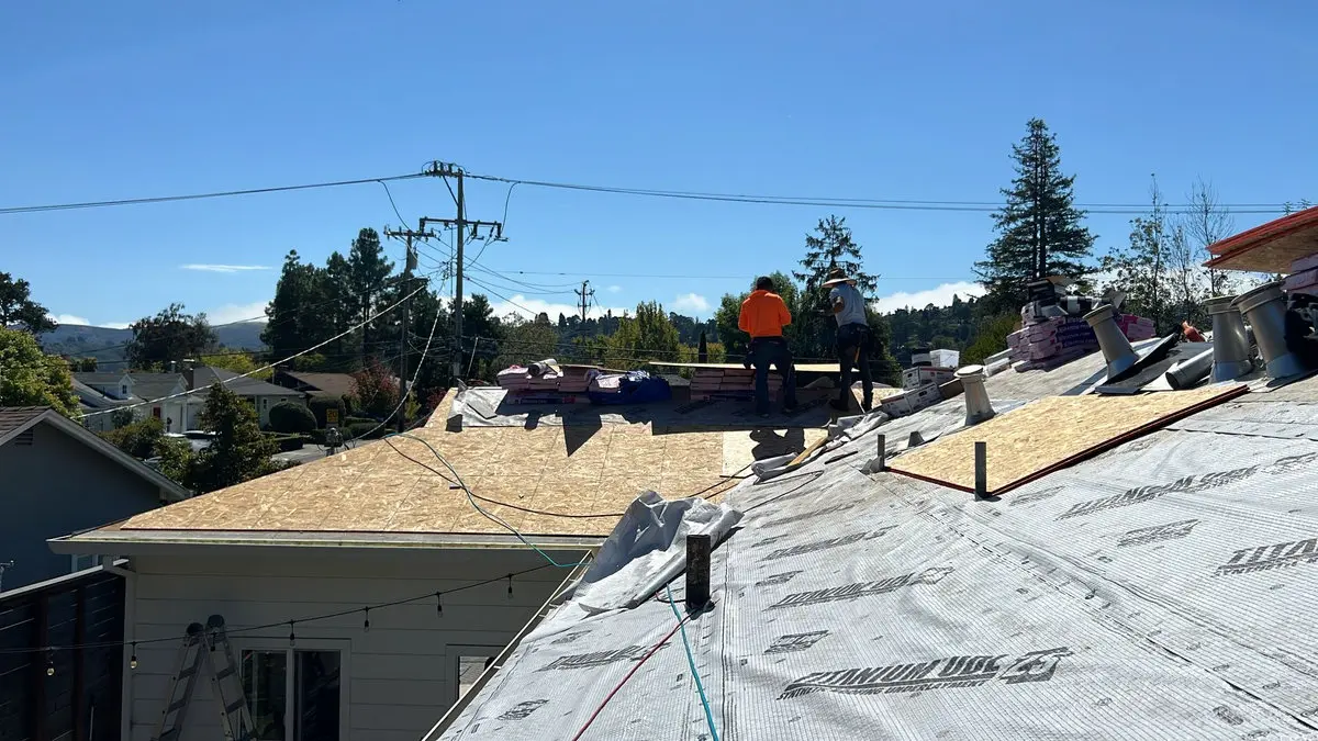Roofing crew installing plywood decking and underlayment on a residential roof replacement project on a clear day.