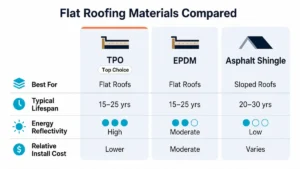 Comparison chart of TPO, EPDM, and asphalt shingle roofing showing lifespan, energy reflectivity, and cost differences for flat vs. sloped roofs.