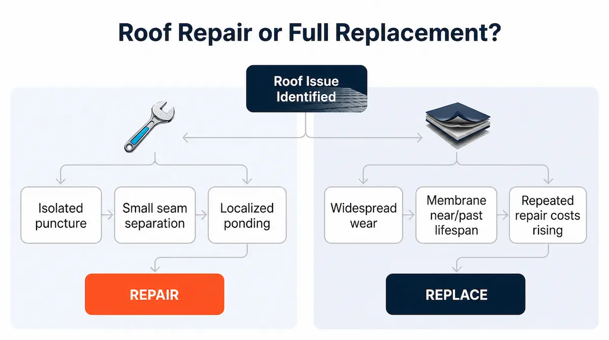 Flowchart illustrating how to decide between flat roof repair and full replacement based on damage severity and membrane age.