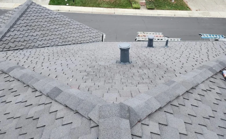 View from a rooftop, showcasing gray shingles and a chimney vent. Below lies a tranquil residential street in San Francisco, lined with charming houses.
