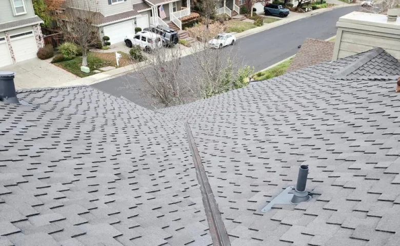 Overlooking a suburban street with parked cars and houses, the gray shingled rooftop features two vents.